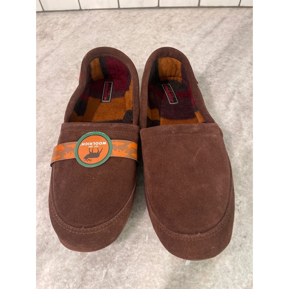 New Woolrich Slippers Men 12 Brown Suede Leather Striped Lining Slip On Shoes